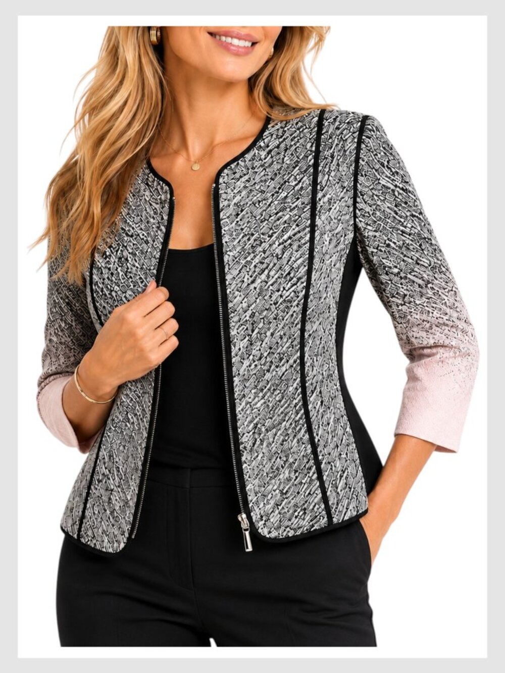 Joseph Ribkoff Zip Jacket Black Pink Jacquard Textured Size 8